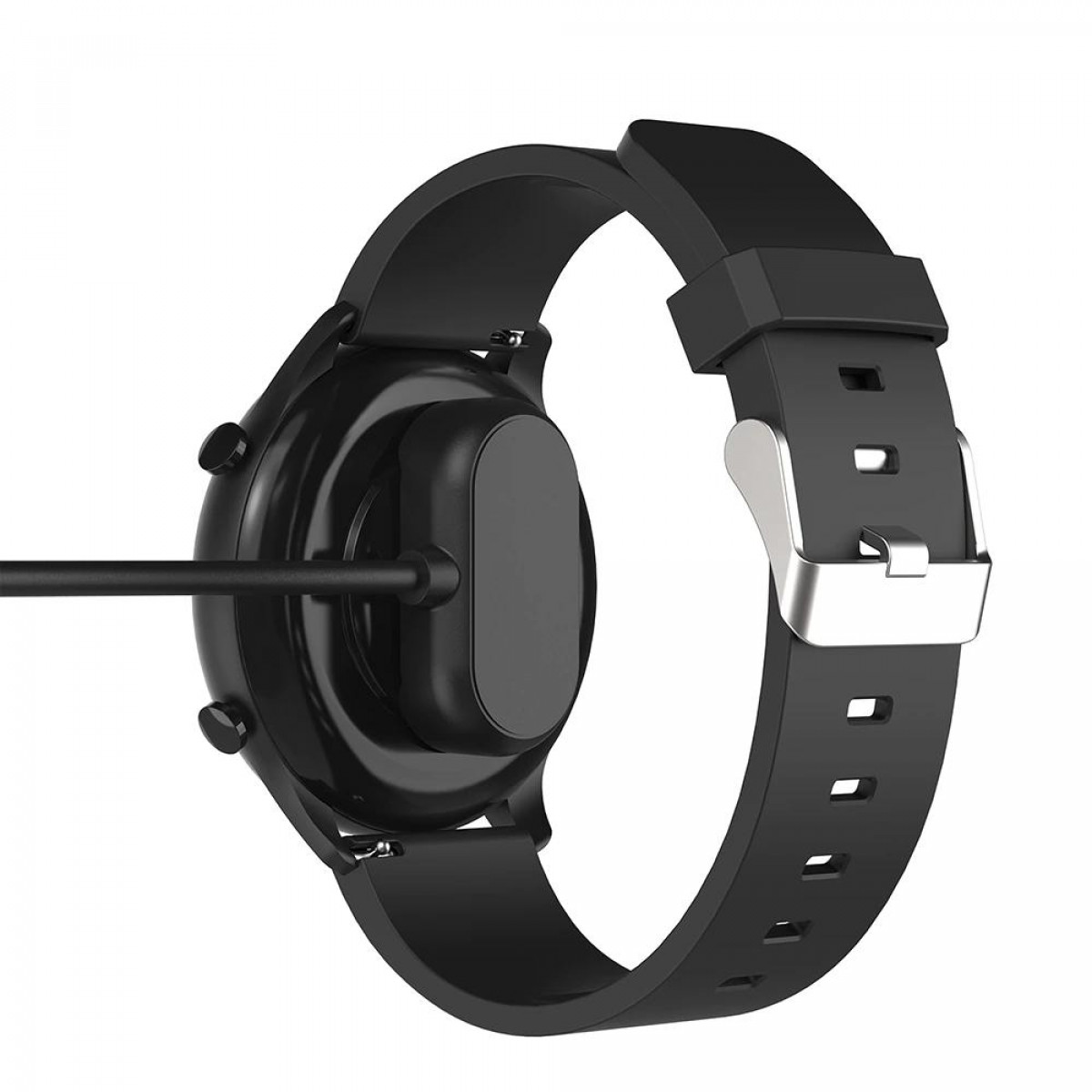Schwarze Smartwatch mit angeschlossenem Ladekabel.
