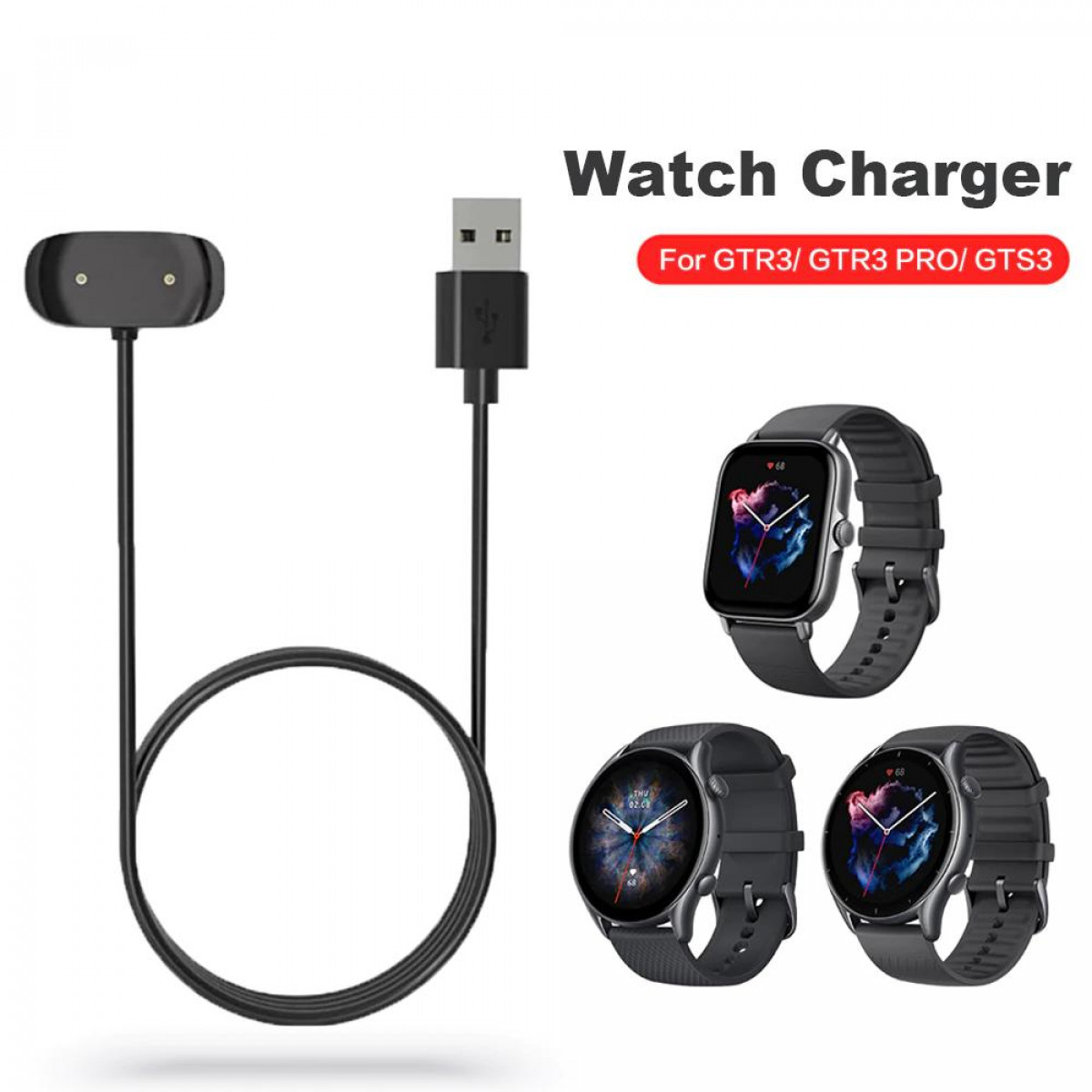 Schwarzes Uhrenladegerät mit USB-Kabel und drei Smartwatches.