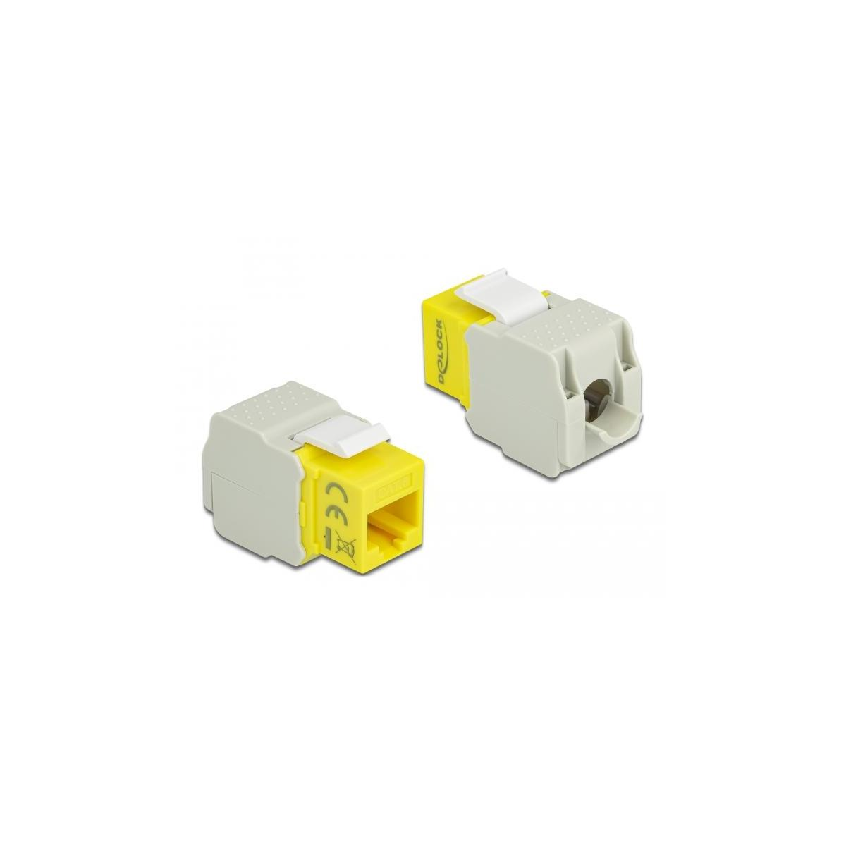 Zwei graue und gelbe RJ45-Anschlüsse, weißer Hintergrund.