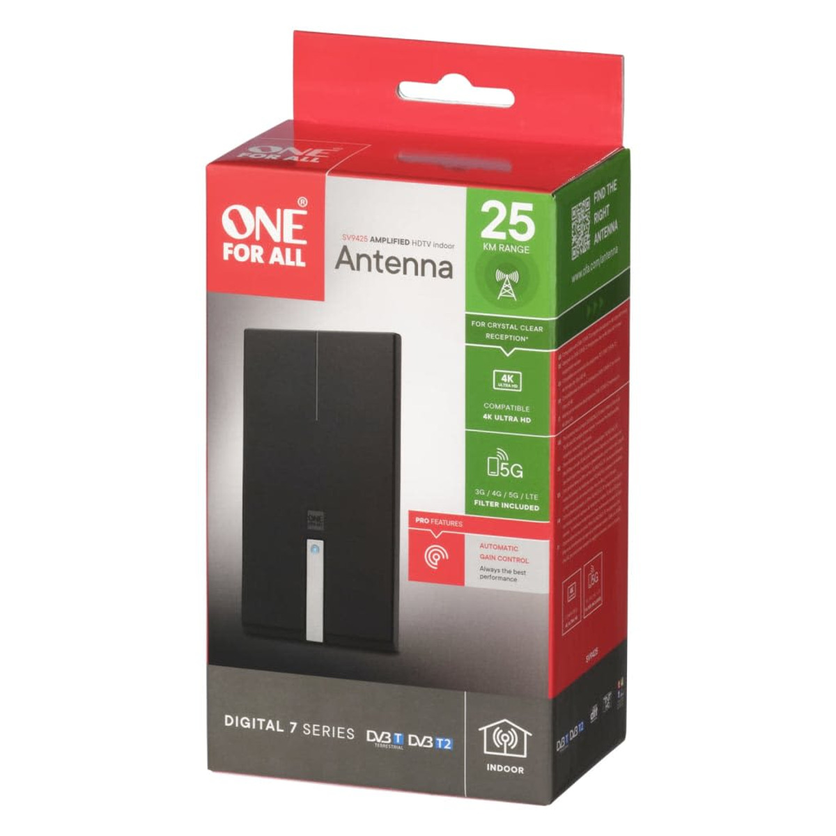 Una scatola per antenna One For All. È bianca e rossa con un'antenna nera all'interno.
