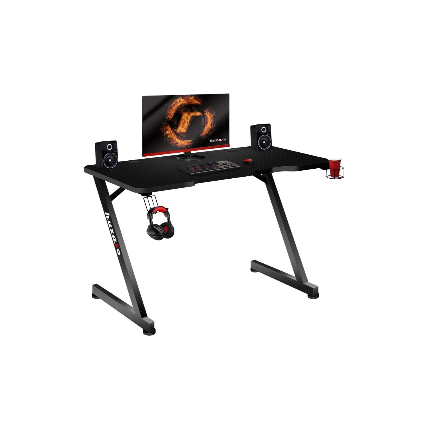 Czarny stół do gier z monitorem komputerowym, głośnikami i zestawem słuchawkowym do gier.