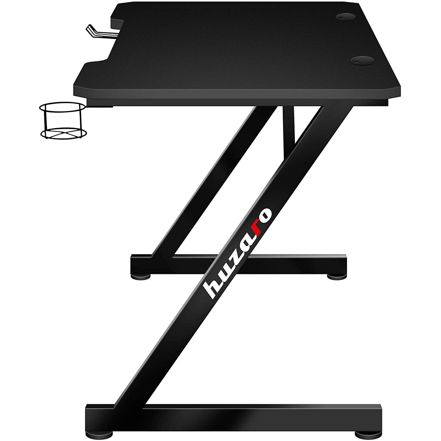 Czarny stół do gier z nogami w kształcie litery Z. Posiada uchwyt na kubek i haczyk na słuchawki.