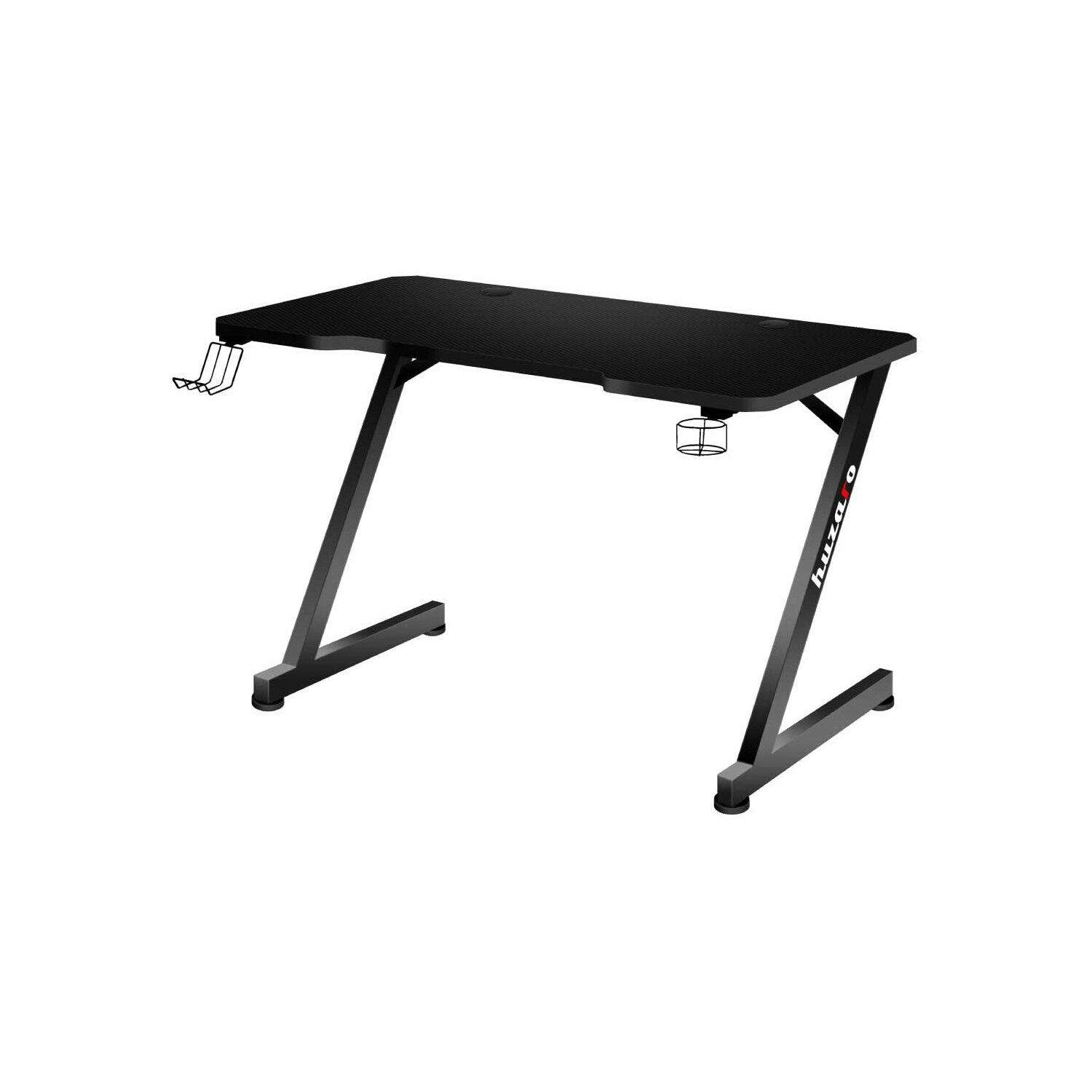 Czarny stół do gier z nogami w kształcie litery Z. Posiada uchwyt na kubek i uchwyt na zestaw słuchawkowy.