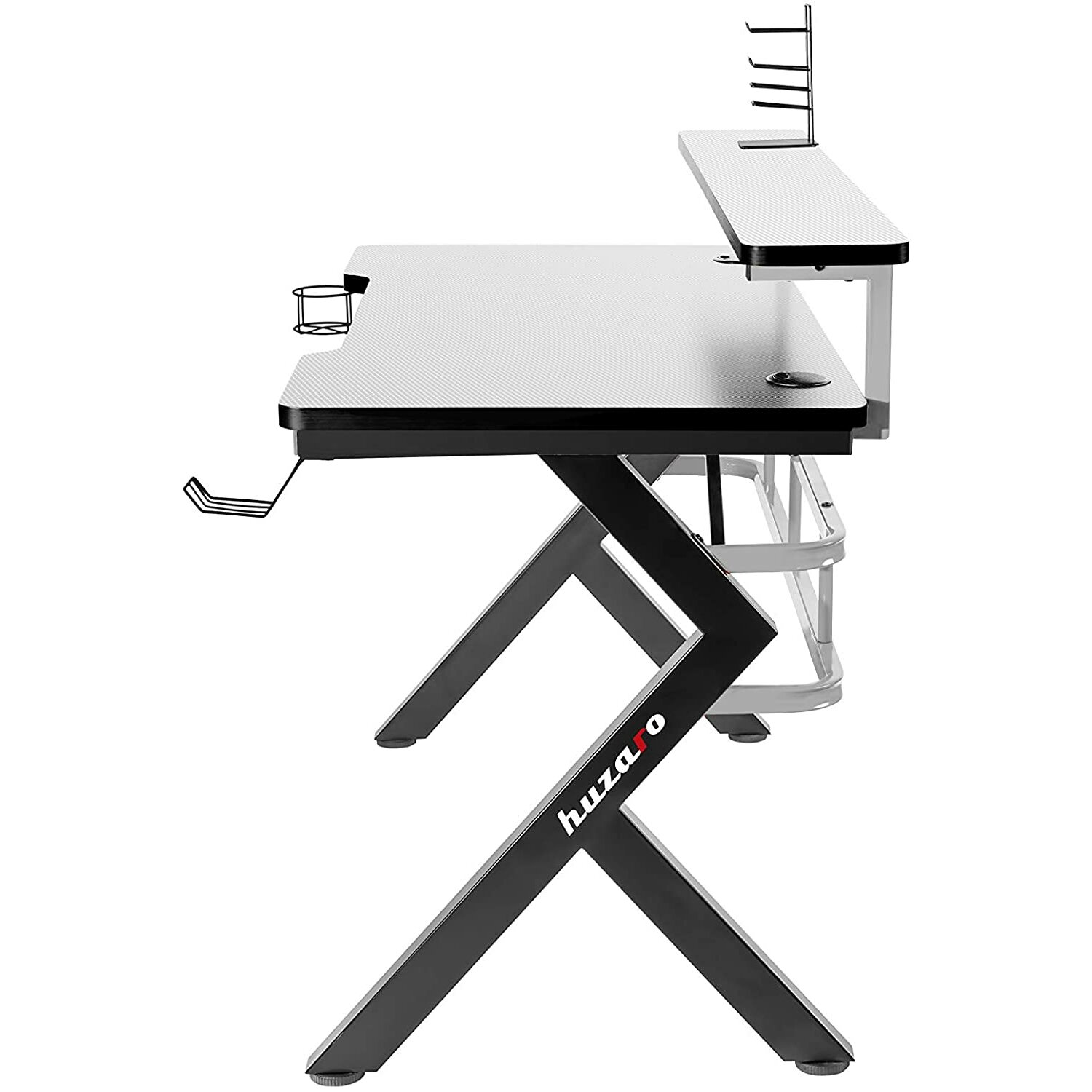Czarny biurko gamingowe z uchwytem na słuchawki i kubek. Czarne nogi w kształcie Z.