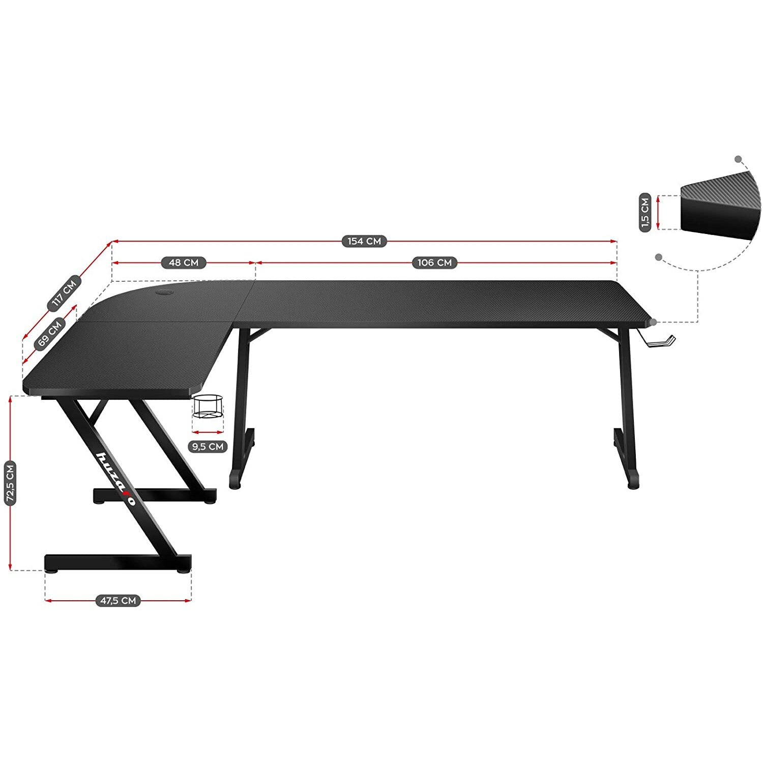 Czarno-szare biurko gamingowe z wymiarami. Biurko ma nogi w kształcie litery Z i uchwyt na kubek.