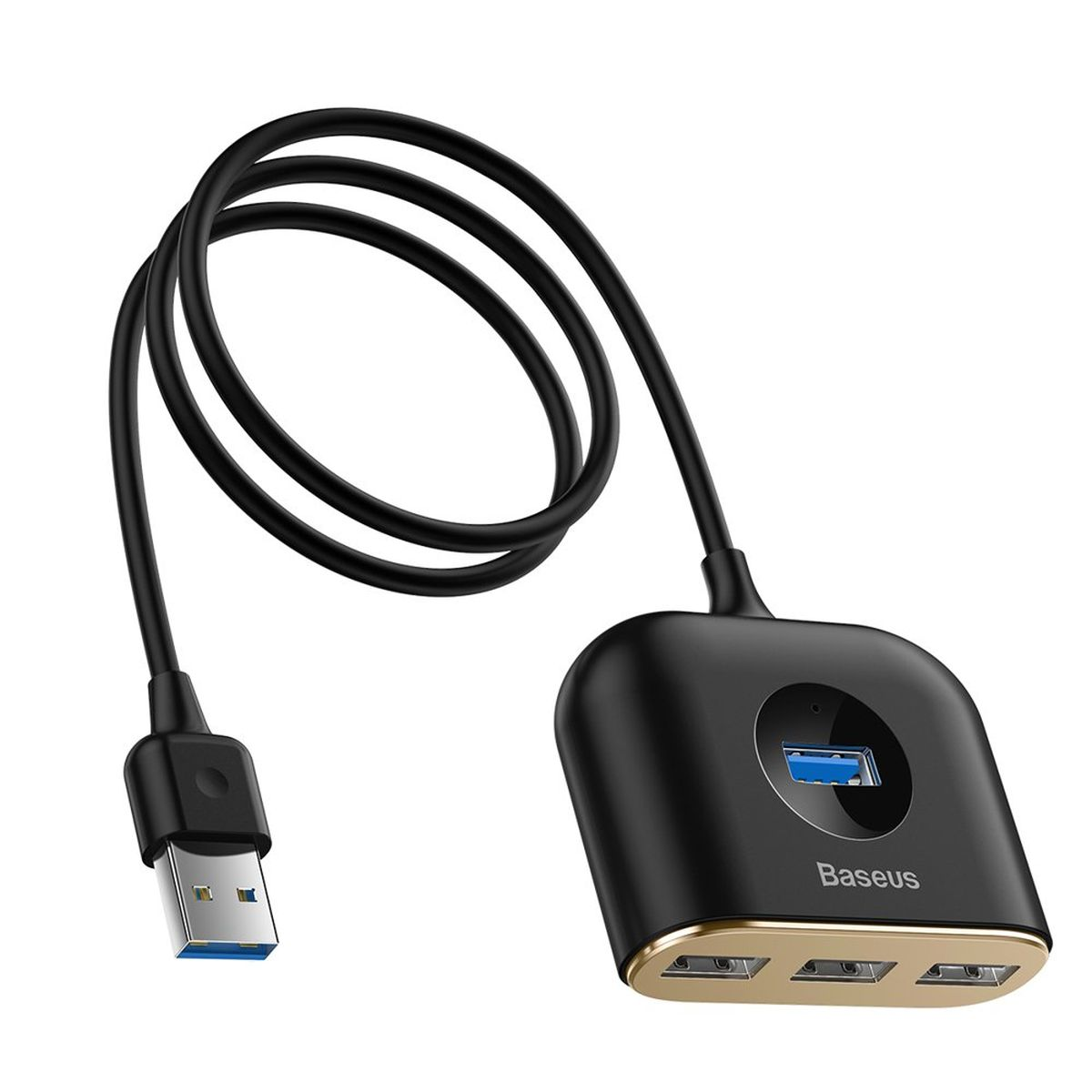 Schwarzer USB-Hub mit 3 USB-Anschlüssen und einem USB-Anschluss, goldfarbenes Detail.