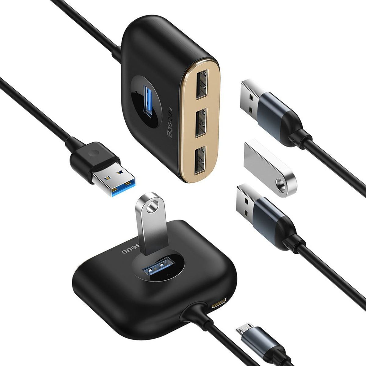 Schwarzer USB-Hub mit USB-Kabeln und einem USB-Adapter. Mehrere USB-Anschlüsse.