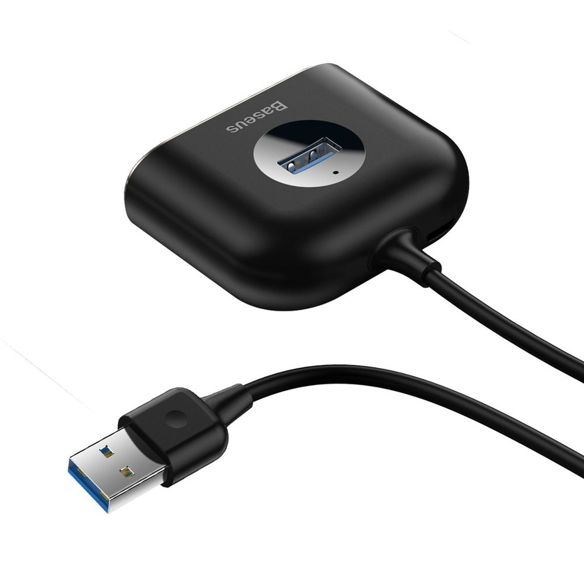 Schwarzer USB-Hub mit USB-Anschluss und angeschlossenem Kabel. Die Basis hat das „Baseus“-Logo.