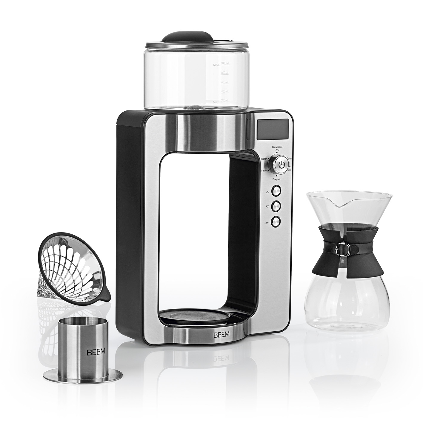Macchina per il caffè con più componenti. Include una caraffa di vetro, un filtro e un contenitore per l'acqua separato.