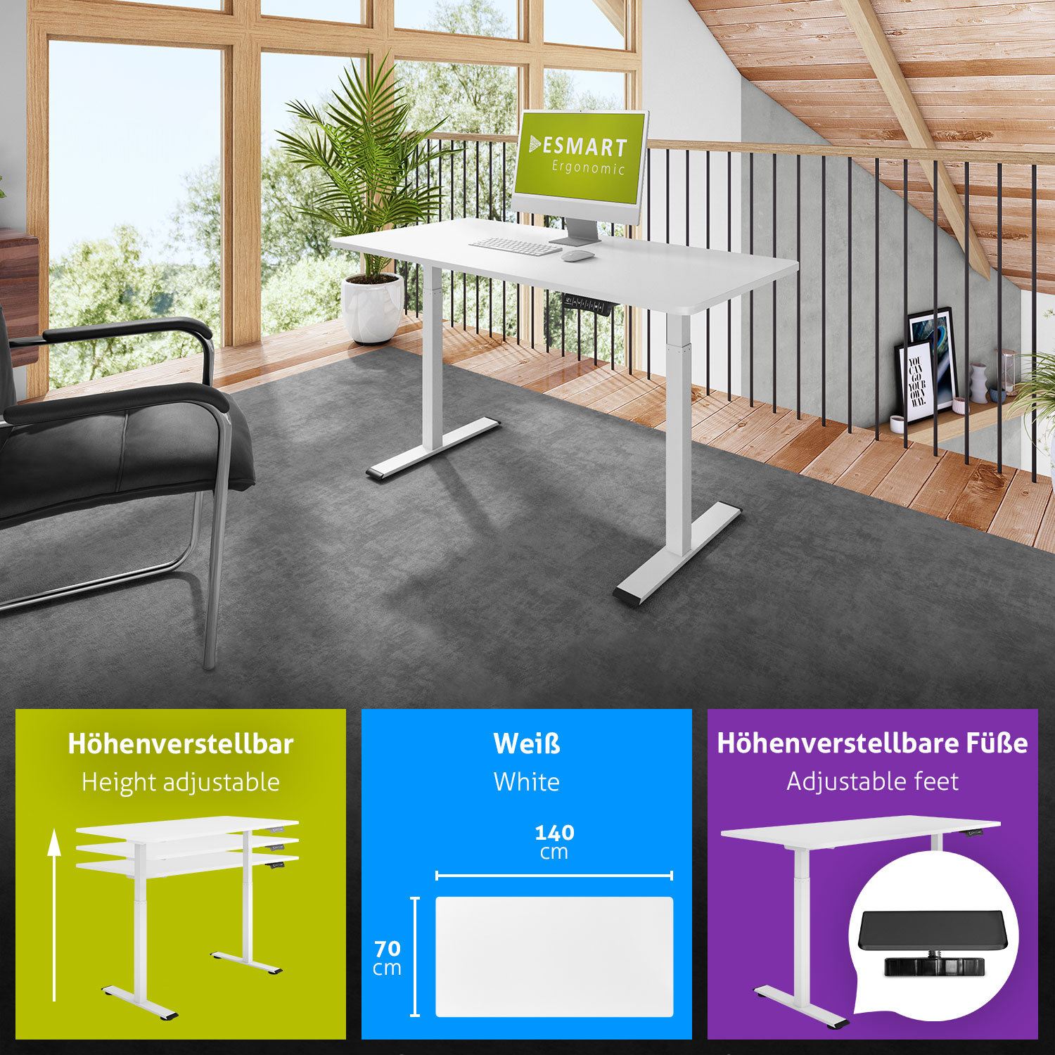 140 ESMART x 70 elektrisch Schreibtisch ERX-122WW höhenverstellbarer cm