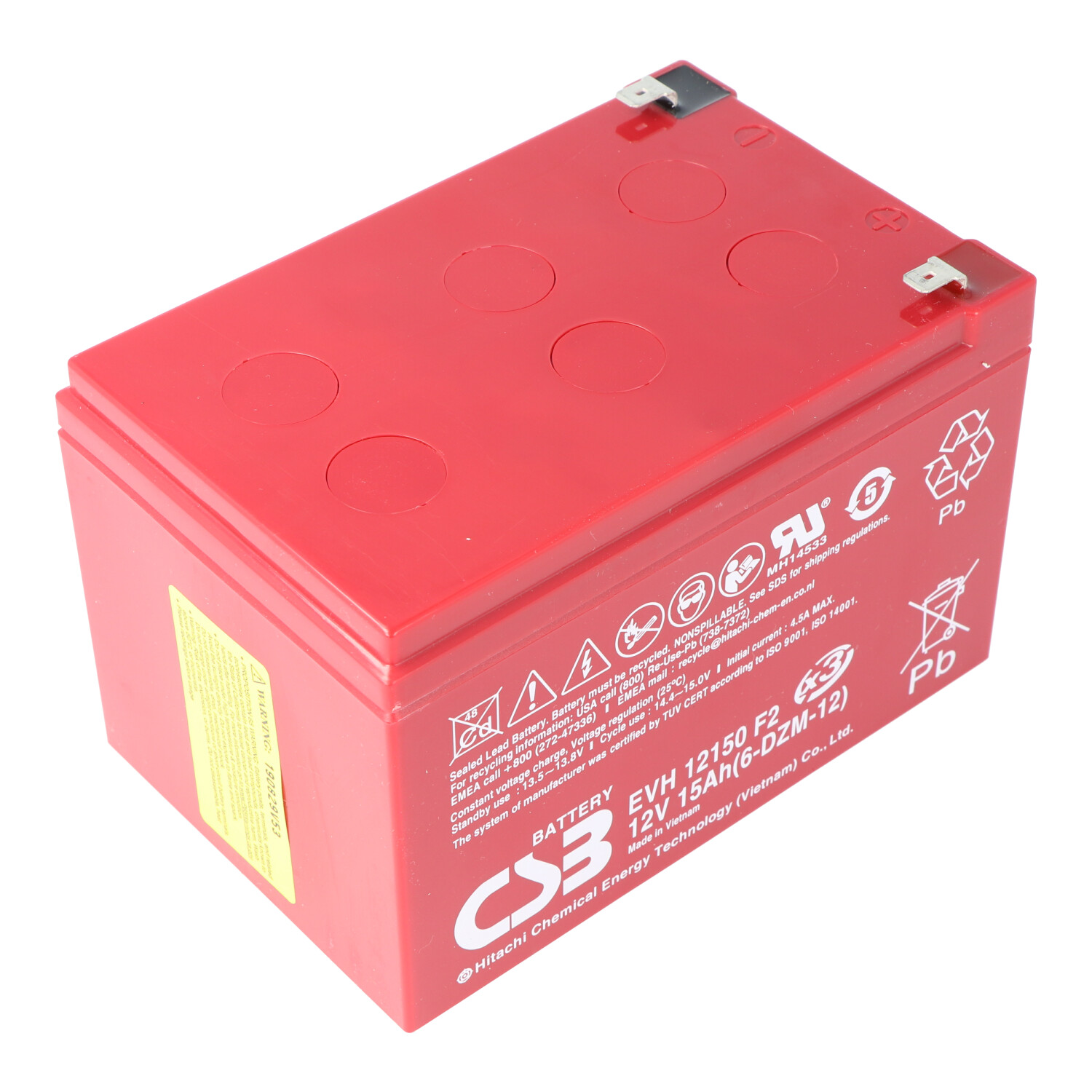 Rote rechteckige Batterie mit Etiketten. Enthält Warnungen und Spezifikationen. Weißer Hintergrund.
