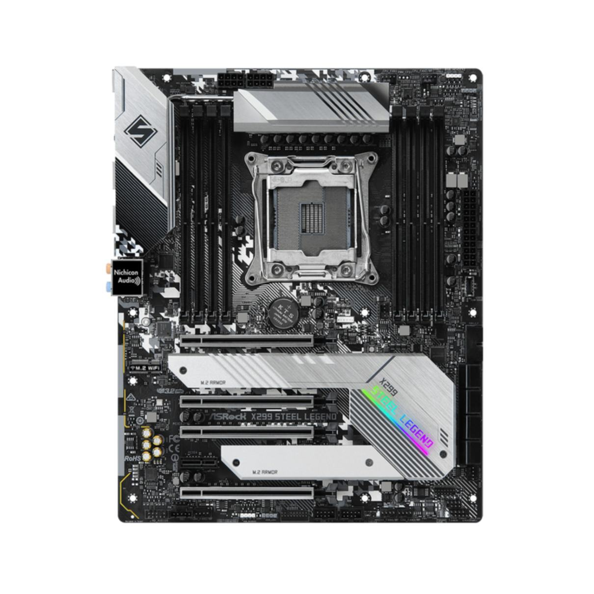 Ein Computer-Motherboard mit verschiedenen Komponenten, einschließlich CPU-Sockel, RAM-Steckplätzen und Erweiterungssteckplätzen.