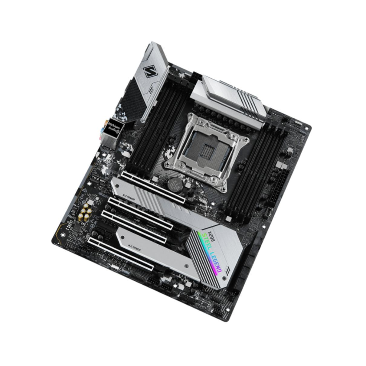 Schwarzes und silbernes Motherboard mit verschiedenen Komponenten vor weißem Hintergrund.