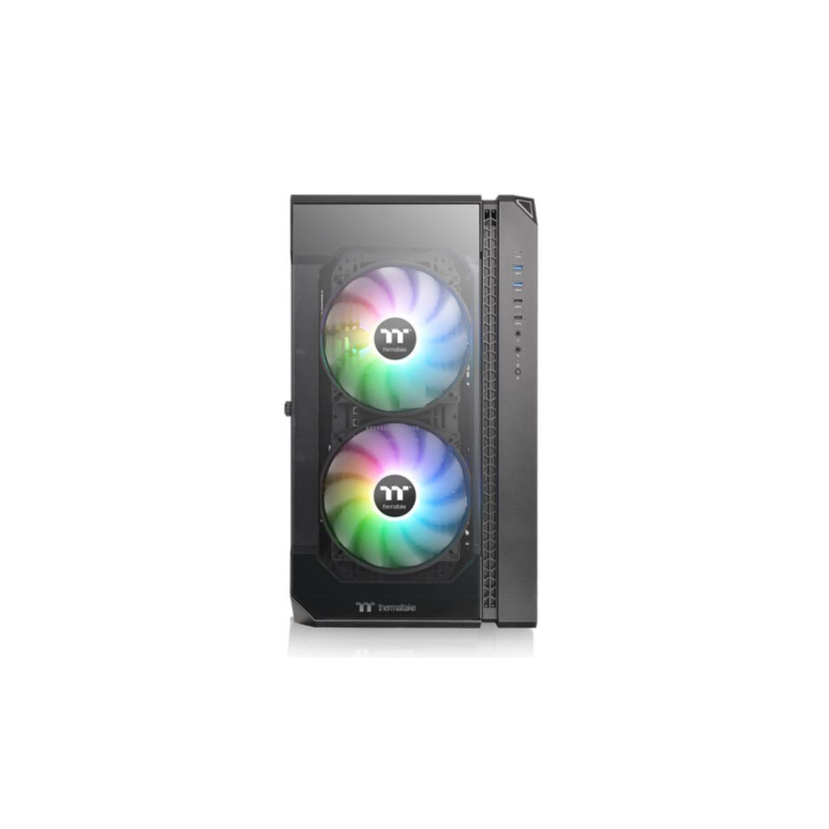 Ein Computergehäuse mit zwei Lüftern, die einen Regenbogen von Farben anzeigen. Schwarzes Gehäuse.
