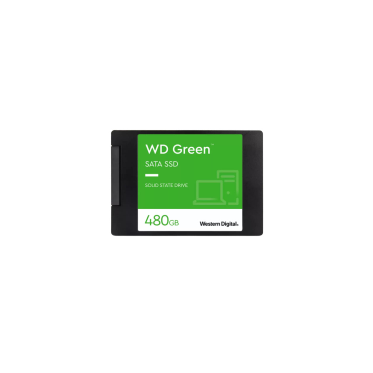 Un SSD SATA WD Green nero, etichetta verde, 480GB. su sfondo bianco.