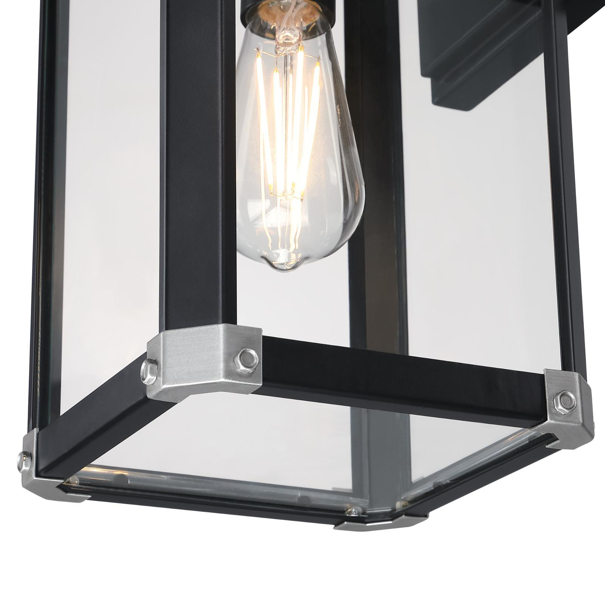 Schwarze und silberne Außenleuchte mit Glasscheiben und sichtbarer Edison-Glühbirne.