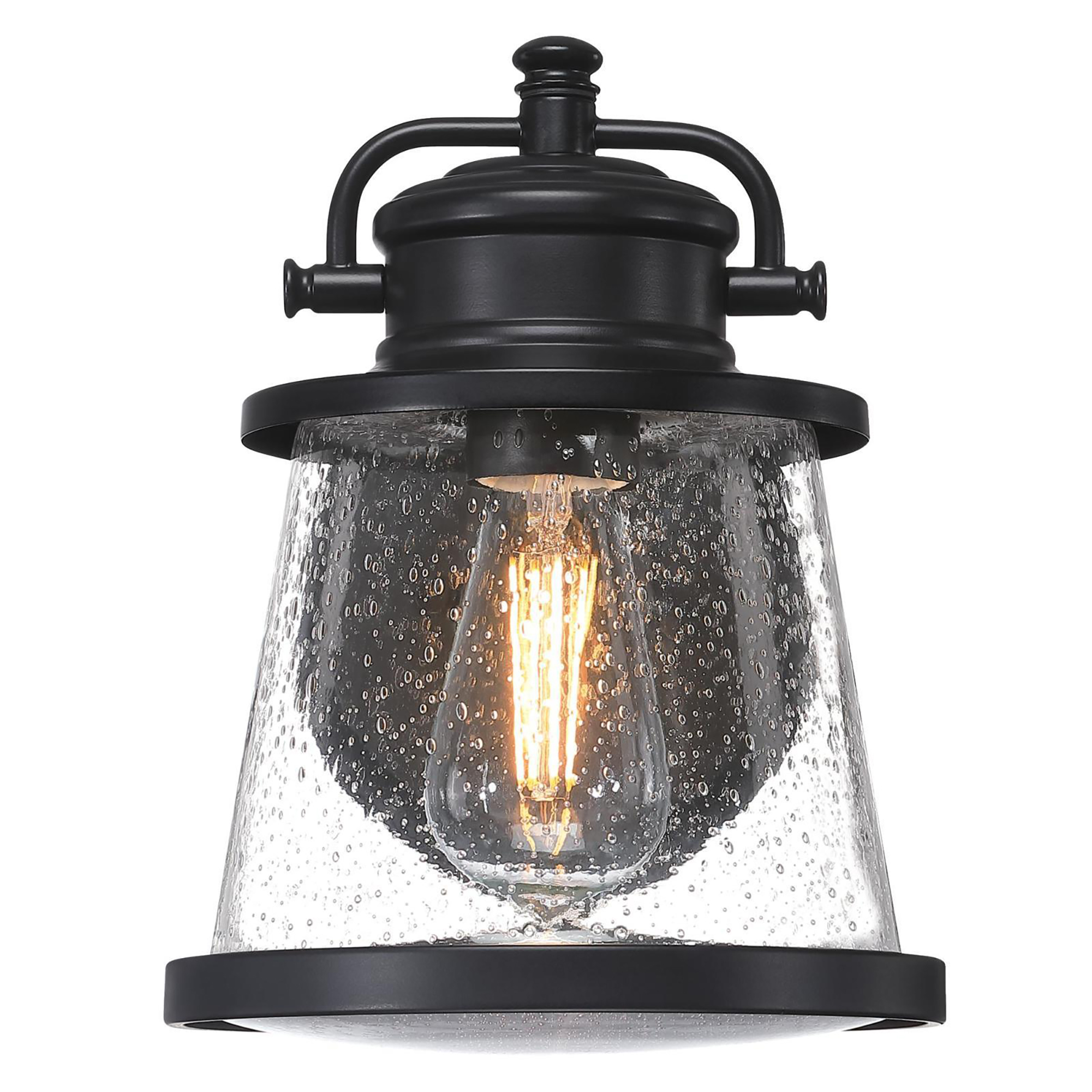 Eine schwarze Außenleuchte mit einem Glasschirm und einer leuchtenden Edison-Glühbirne.
