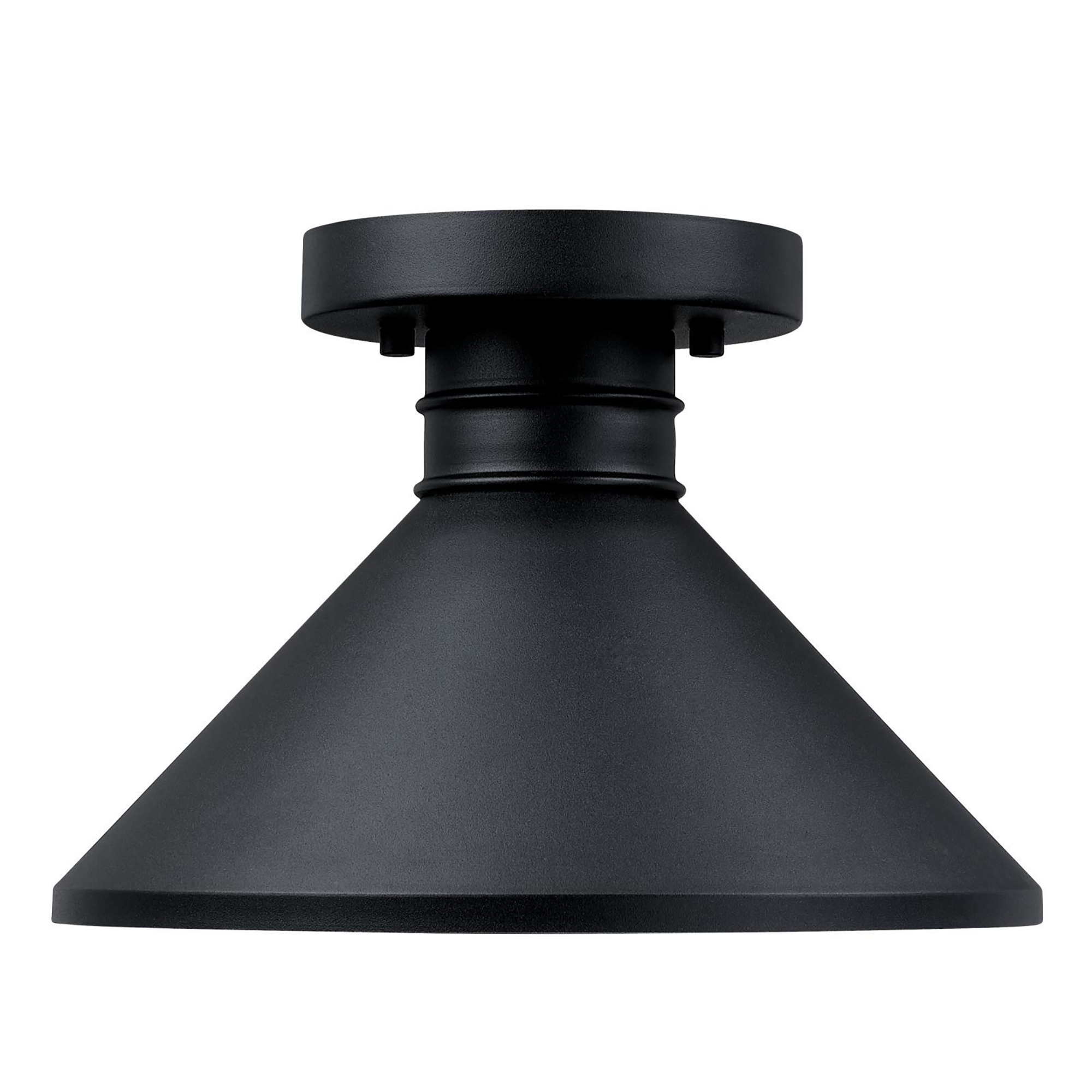 Schwarze, kegelförmige Deckenleuchte. Der Sockel ist ein flacher Kreis.