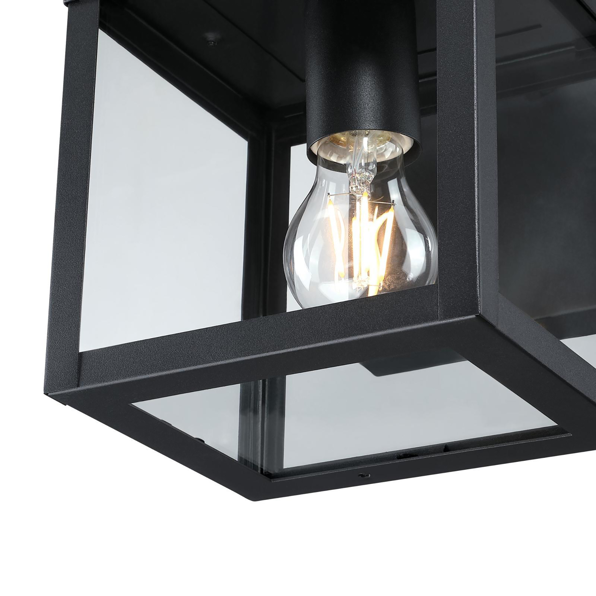 Schwarze Außenleuchte mit sichtbarer Glühbirne im Inneren des Glasgehäuses.