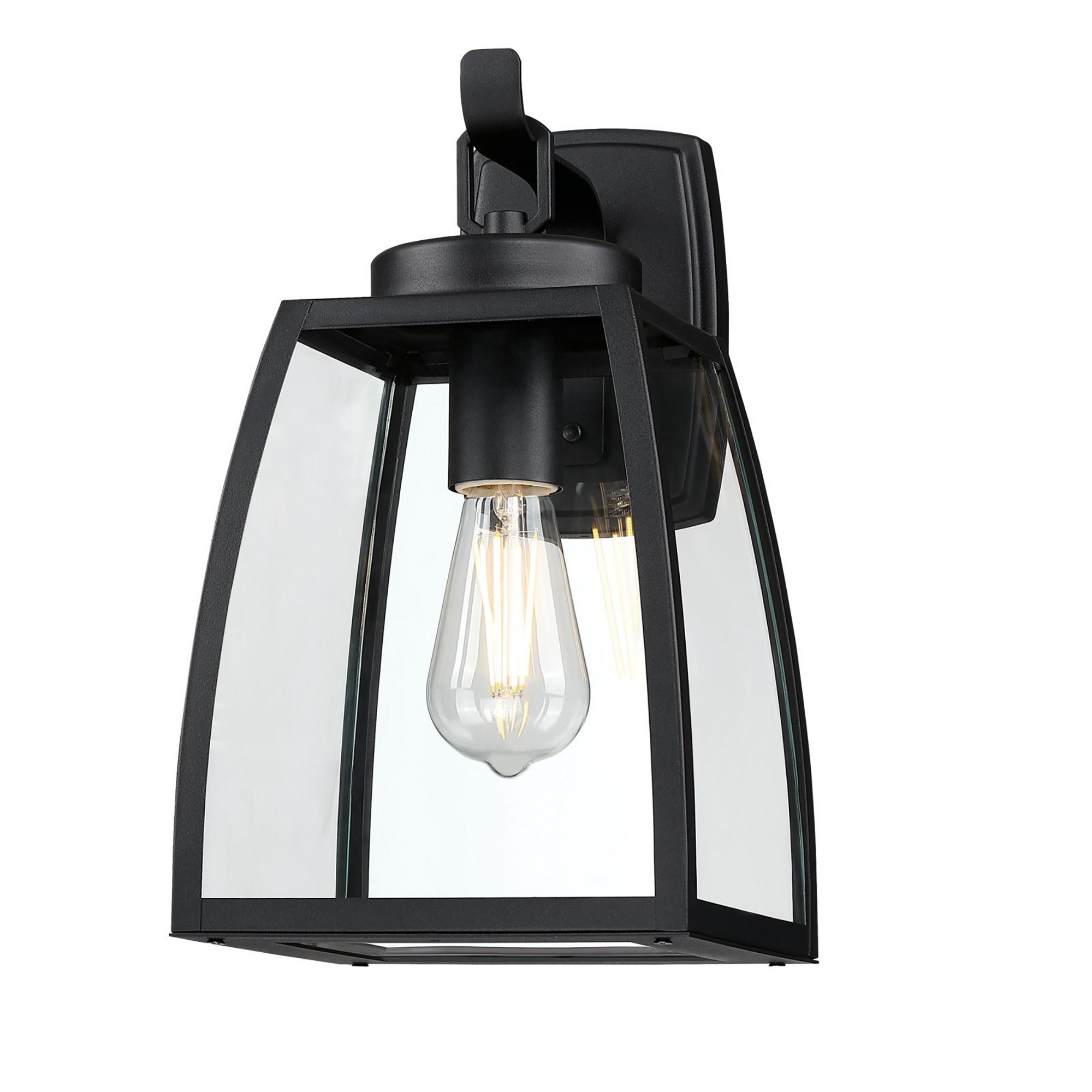 Schwarze Außenwandleuchte mit Glaspaneelen, Edison-Glühbirne innen.