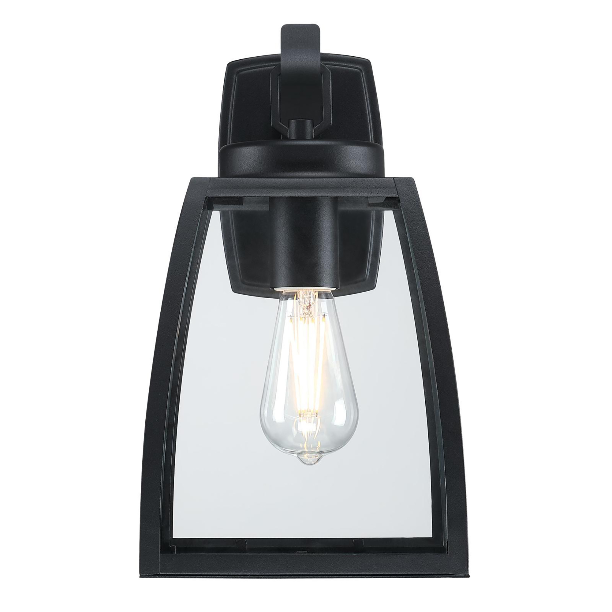 Schwarze, an der Wand montierte Außenleuchte. Klarglas und Edison-Glühbirne.