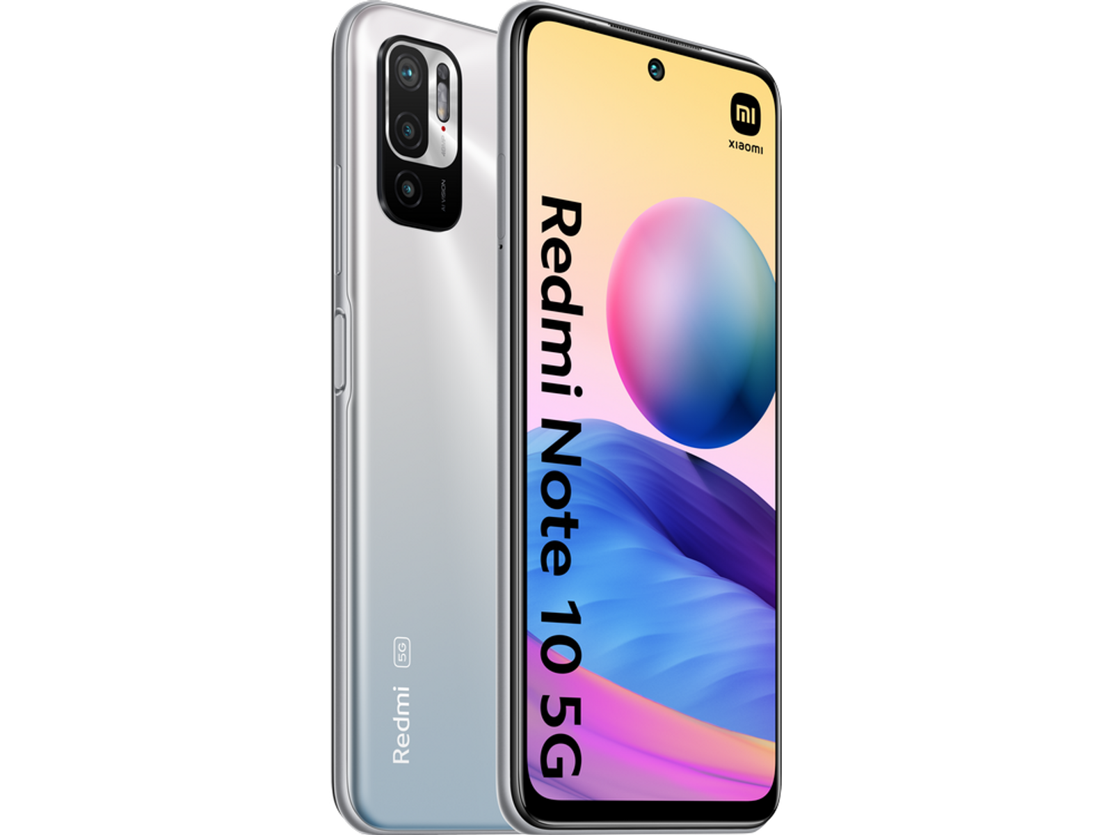 Smartphone Xiaomi Redmi Note 10 5G plateado, con su pantalla mostrando el nombre del teléfono.