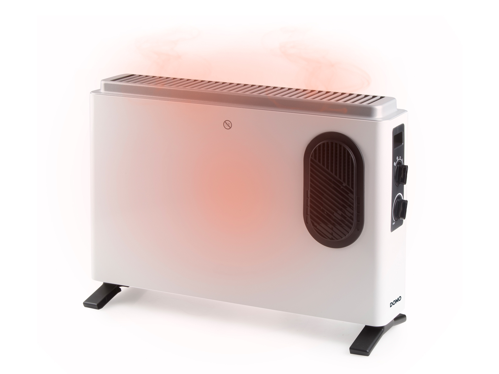 Biały grzejnik elektryczny z czerwonym światłem u góry. Po prawej stronie znajdują się pokrętła.