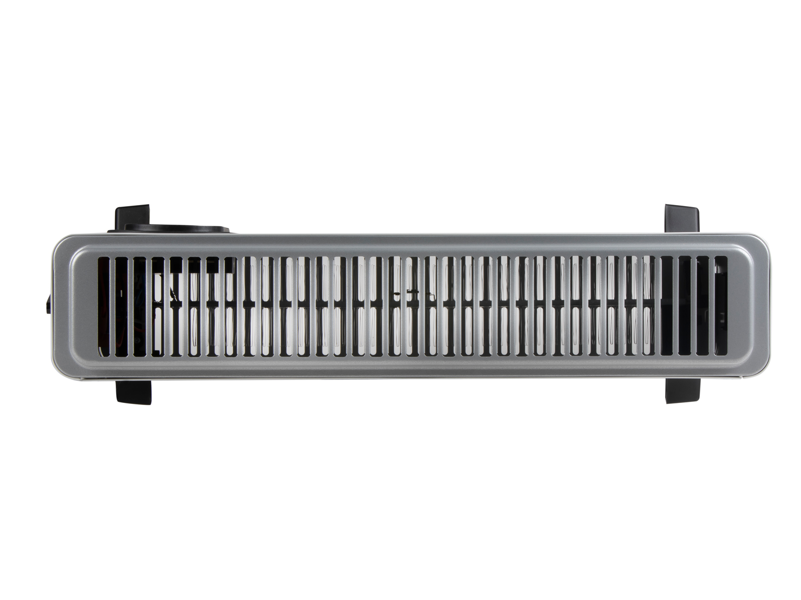 Szary, prostokątny grzejnik z pionowymi prętami do przepływu powietrza.