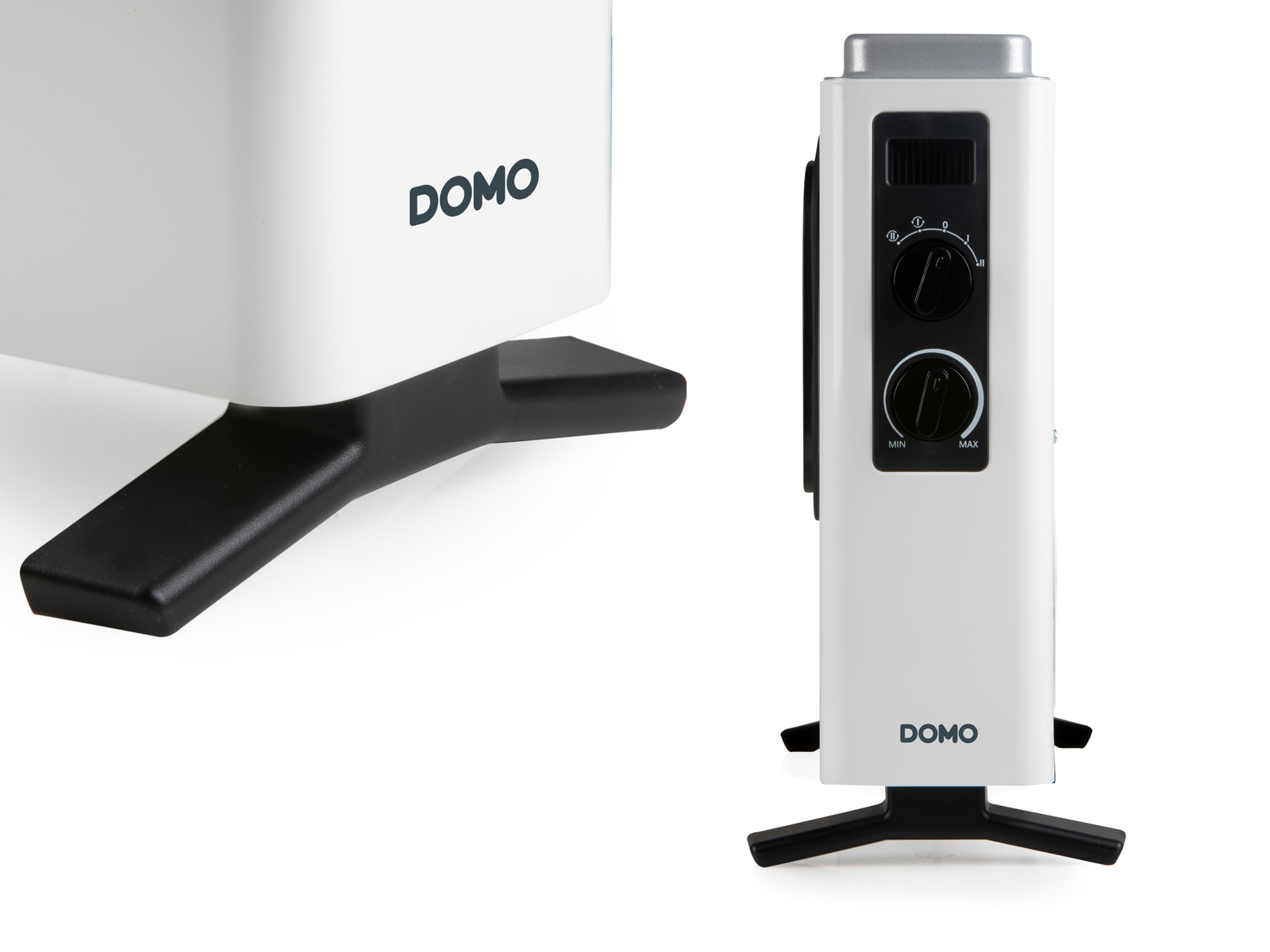 Biały grzejnik elektryczny z czarną podstawą i elementami sterującymi, z widocznym logo 'DOMO'.