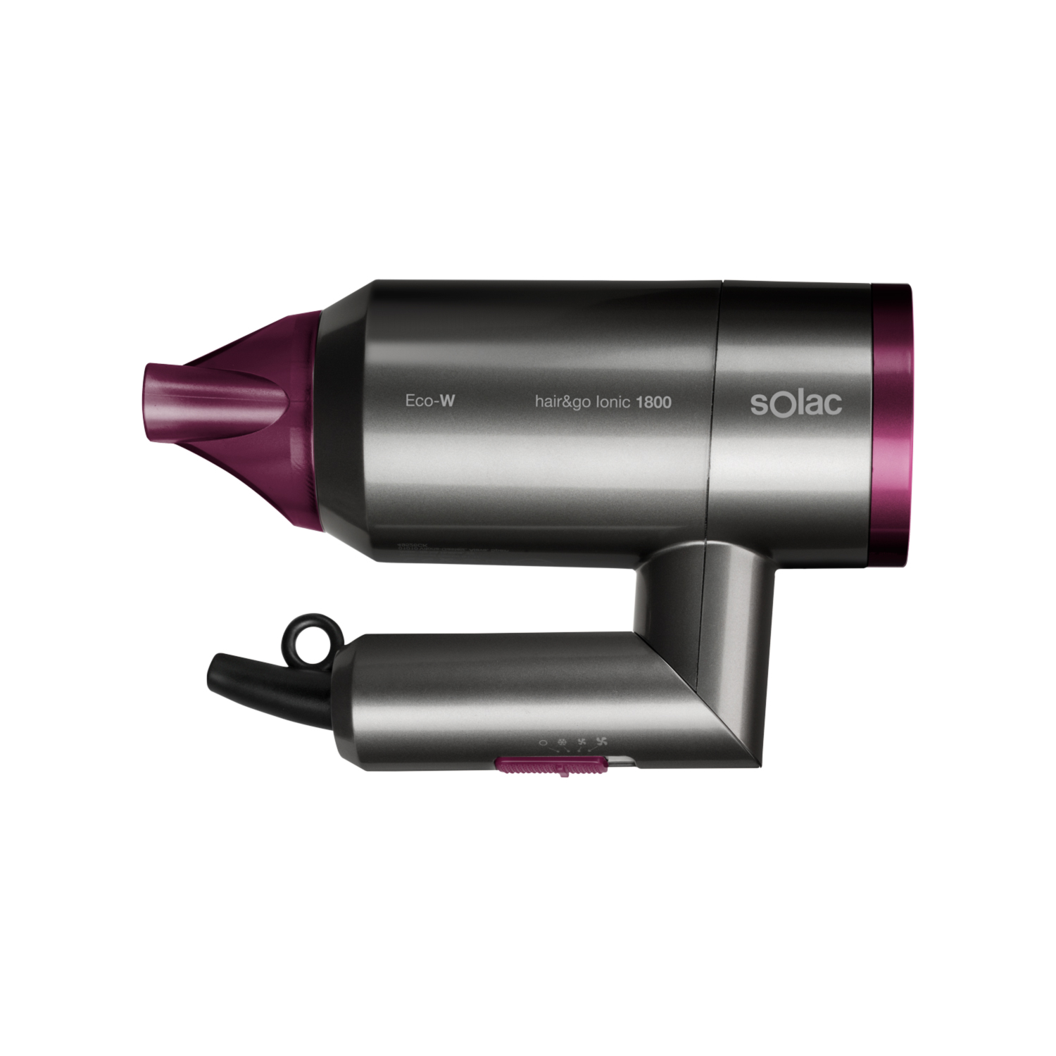 Un secador de pelo gris y morado. Dice 'Eco-W' y 'hair&go ionic 1800' en el cuerpo. La boquilla es morada.