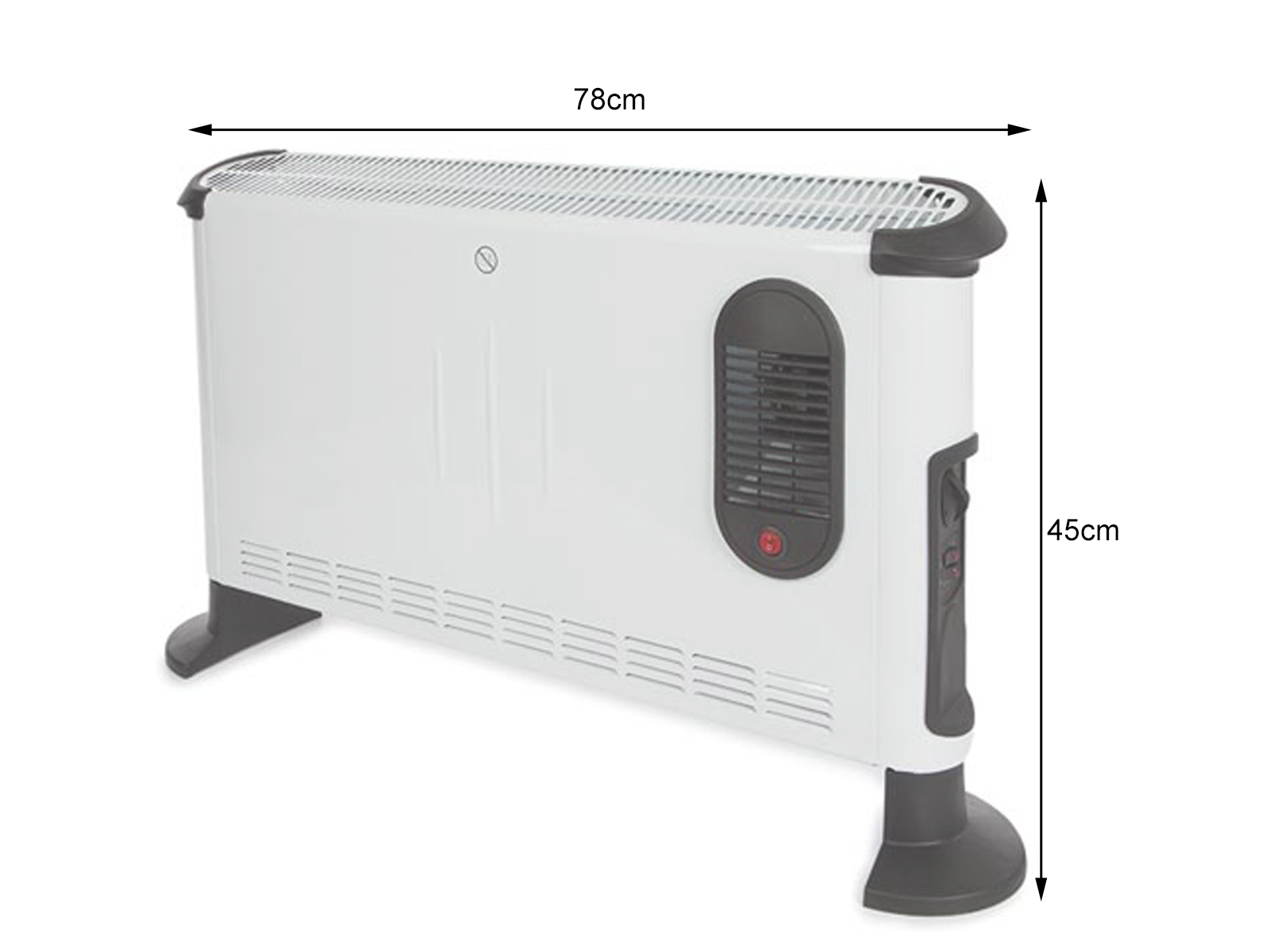 Ein weißer Elektroheizer mit Abmessungen: 78 cm x 45 cm.