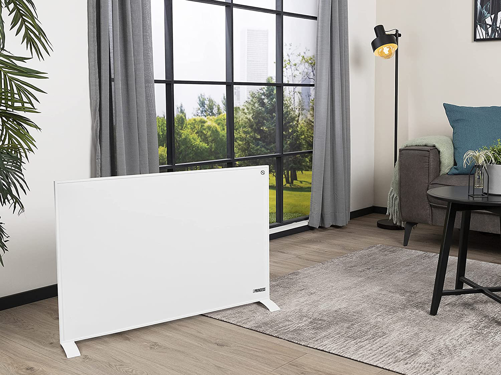 Woonkamer met witte verwarming, grijs tapijt en een raam. Een staande lamp en een bank zijn zichtbaar.