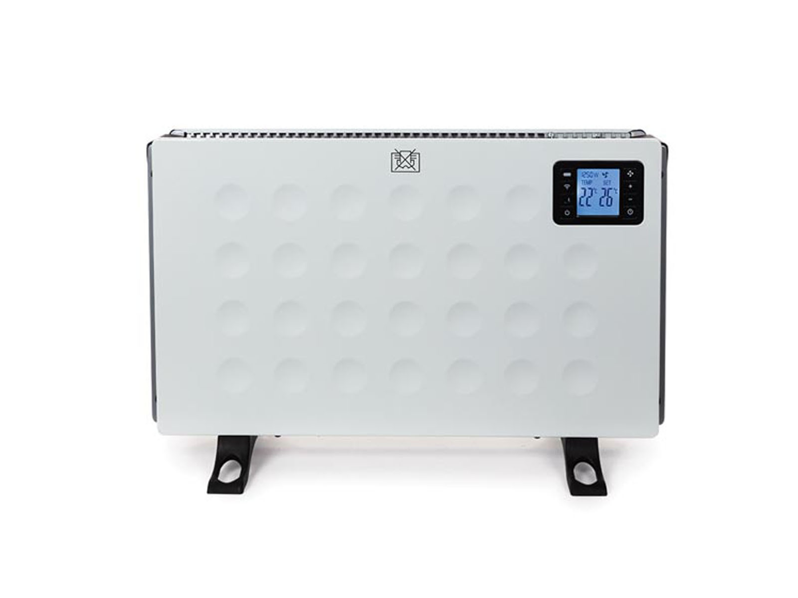 Termoconvettore elettrico bianco con display digitale, su sfondo bianco.