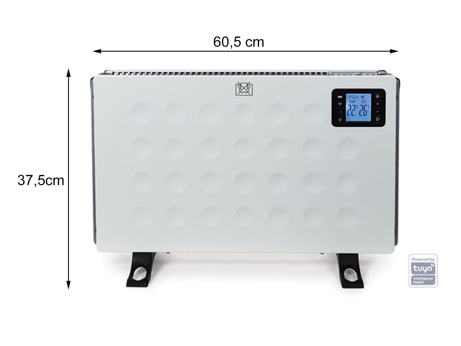 Un radiatore elettrico bianco con display digitale. Le dimensioni sono 60,5x37,5cm.