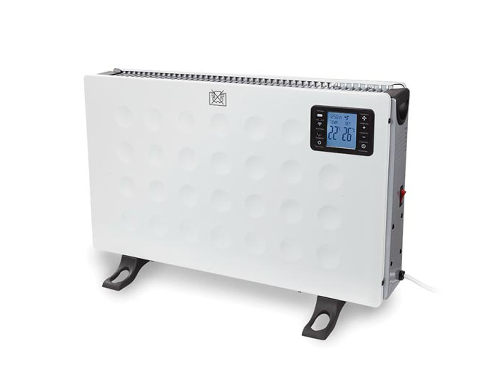 Termoventilatore elettrico bianco con display digitale e piedini neri, isolato su sfondo bianco.