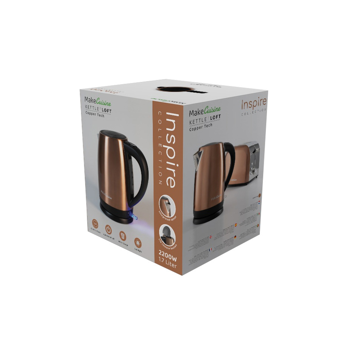 Caja de hervidor MakeCuisine Inspire, tecnología de cobre, con imagen de hervidor y tostadora.