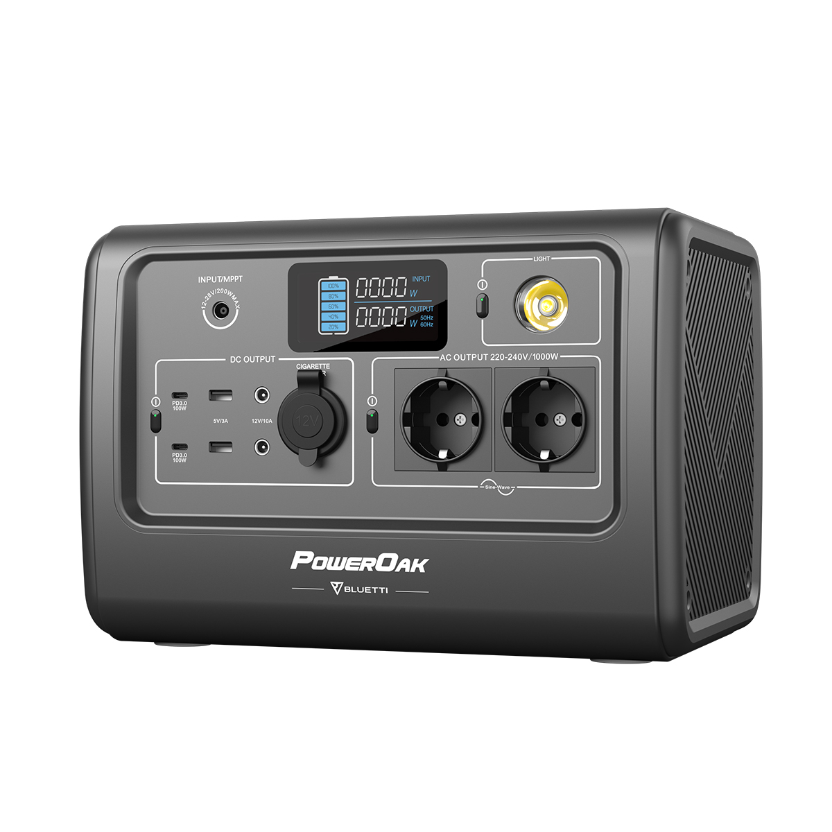 Eine graue tragbare Stromstation mit digitalem Display und mehreren Anschlüssen. Es hat den Markennamen „PowerOak“ auf der Vorderseite.