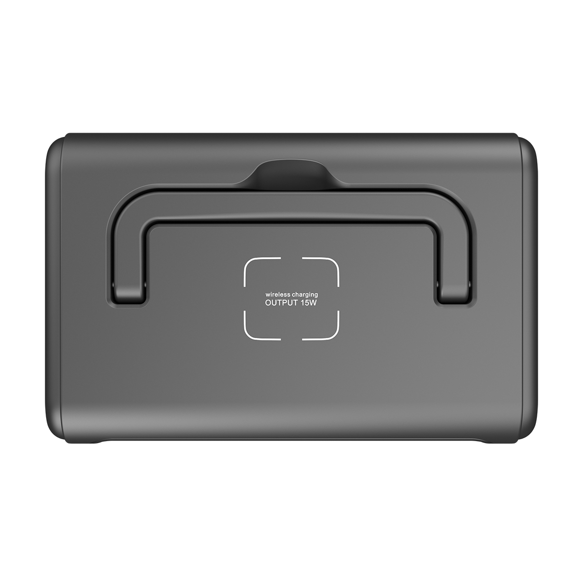Eine graue Ladestation mit Griff. Sie hat ein weißes kabelloses Ladesymbol und den Text 'OUTPUT 15W'.