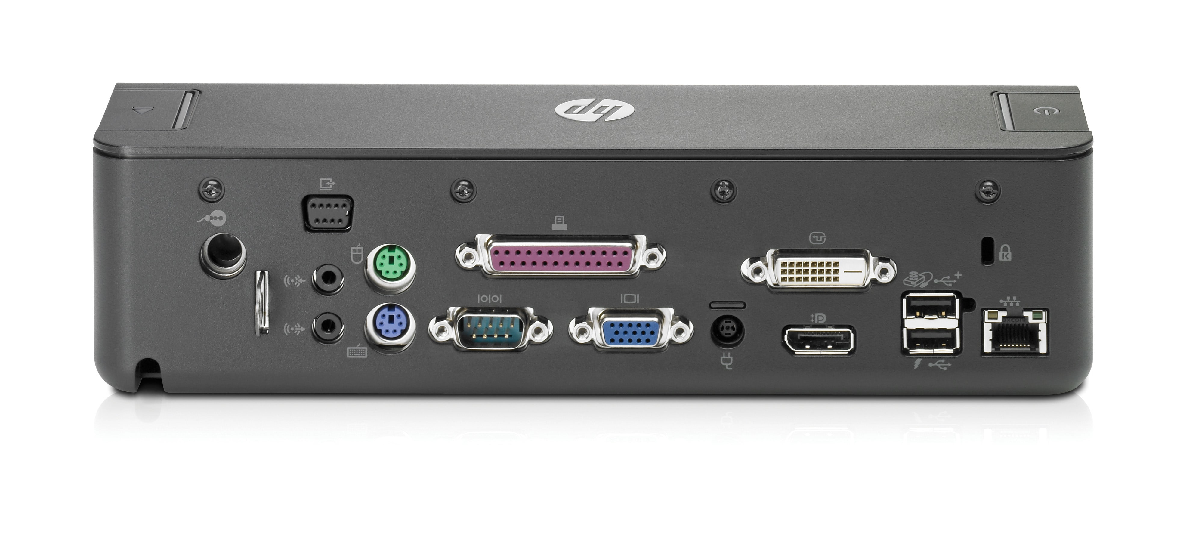 Docking station HP nera con varie porte.