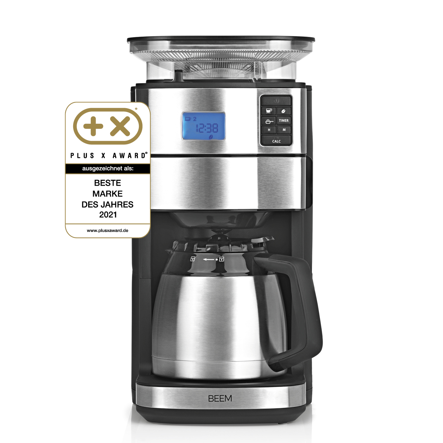 Macchina da caffè con display 12:38, un Plus X Award e l'etichetta Miglior Marchio dell'Anno 2021.