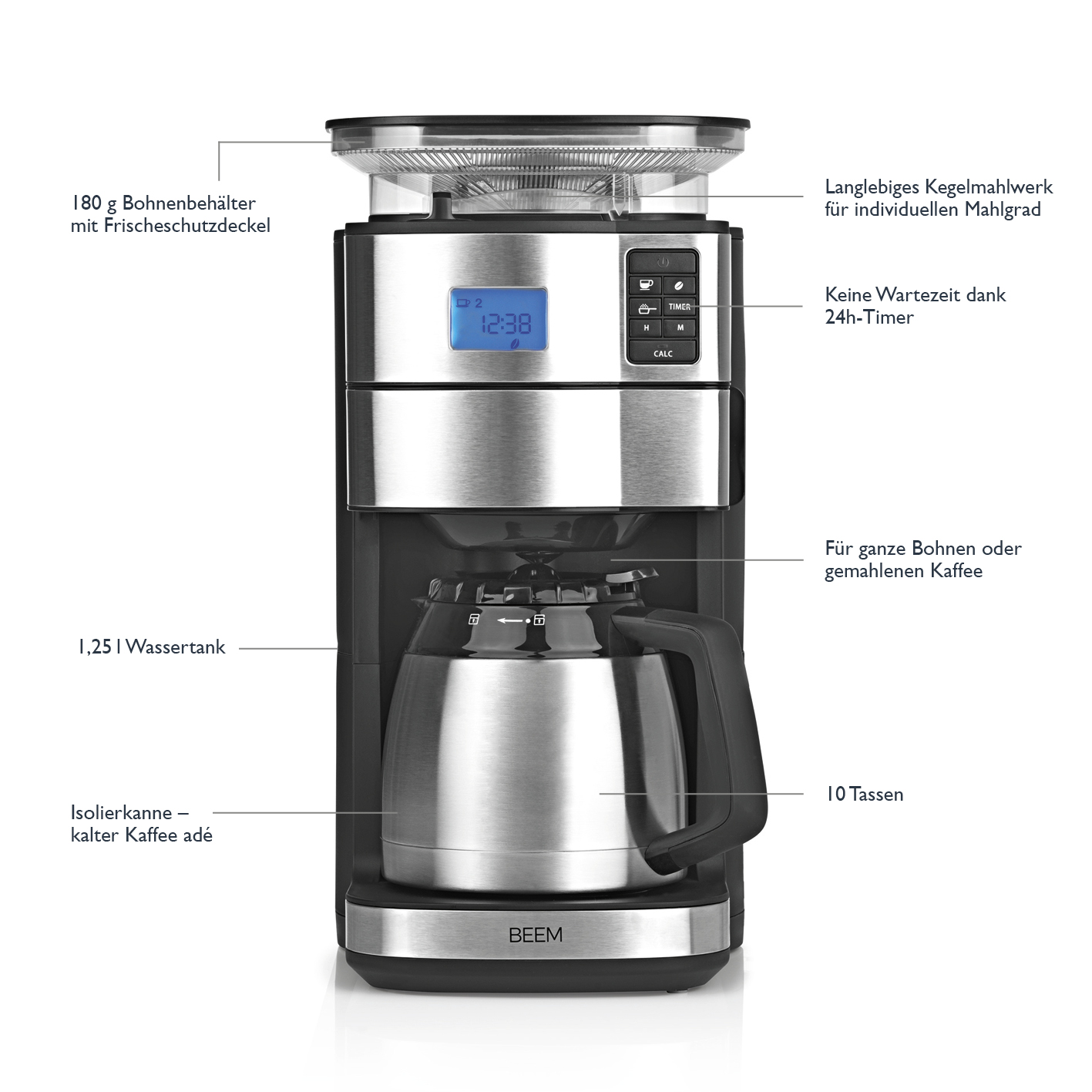 Macchina da caffè, argento e nera. Ha una caraffa di vetro e un display digitale.