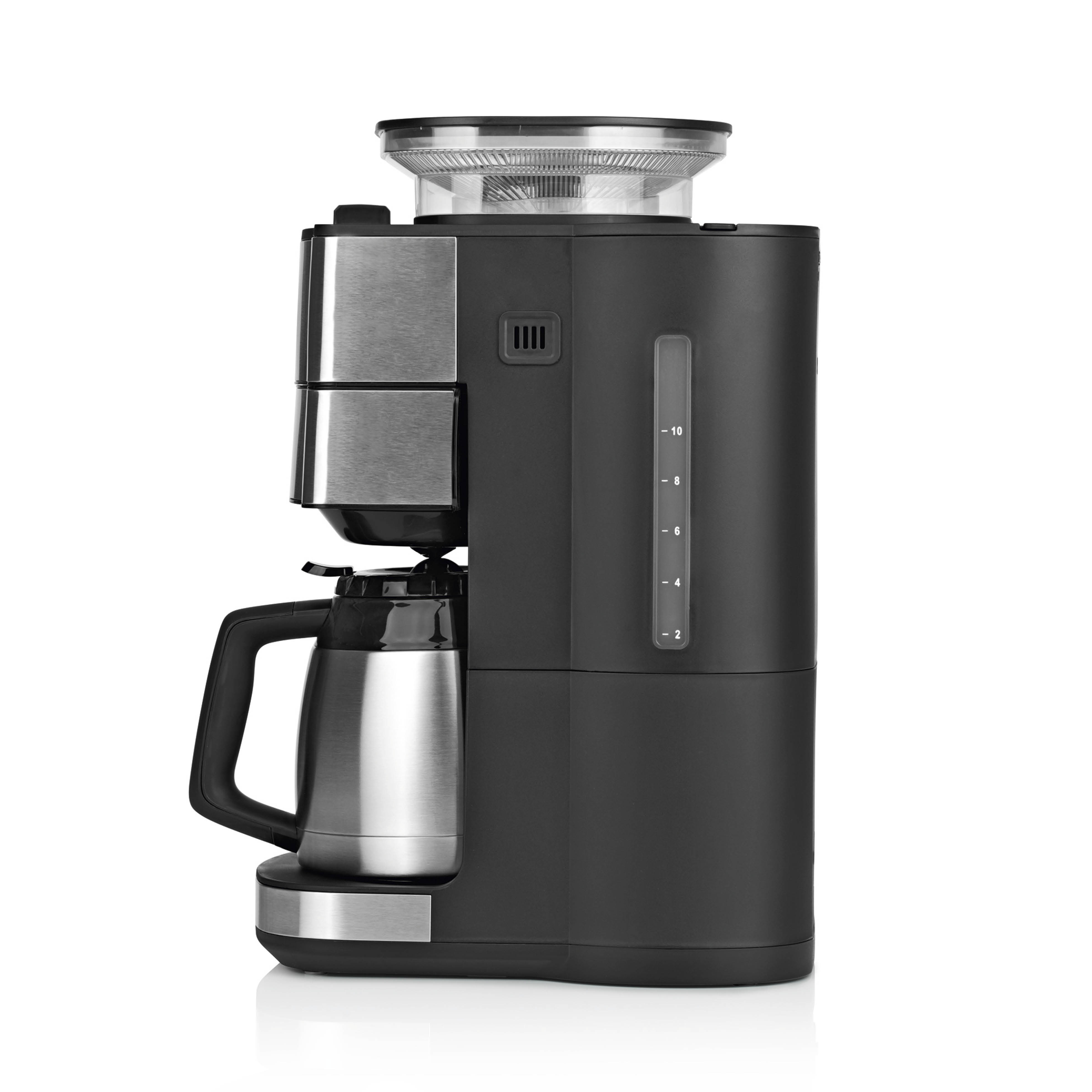 Macchina per caffè nera e argento con macinino sopra e caraffa in acciaio sotto.