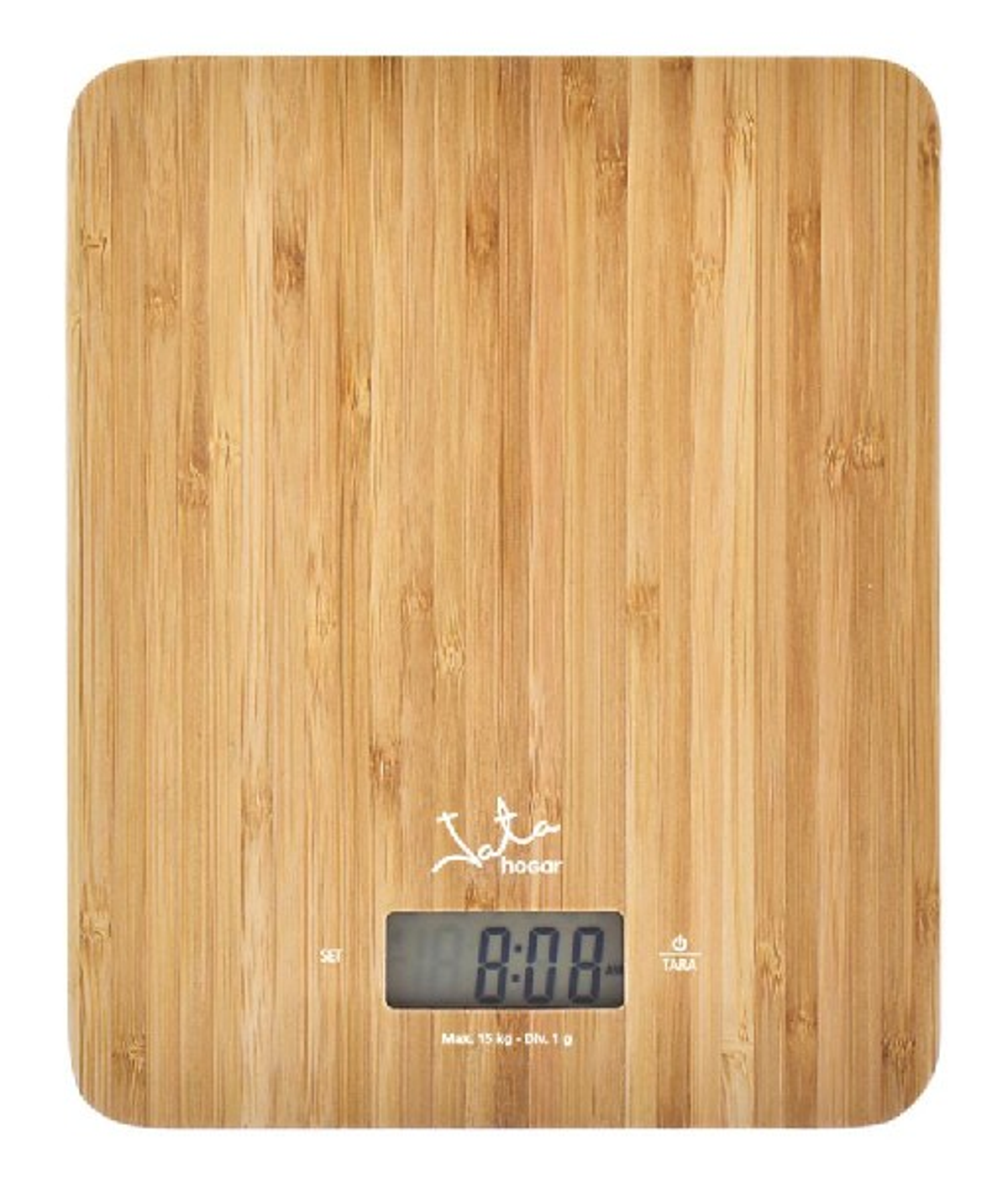 Bambusowa waga kuchenna wyświetla 8:08. Widoczne logo marki.