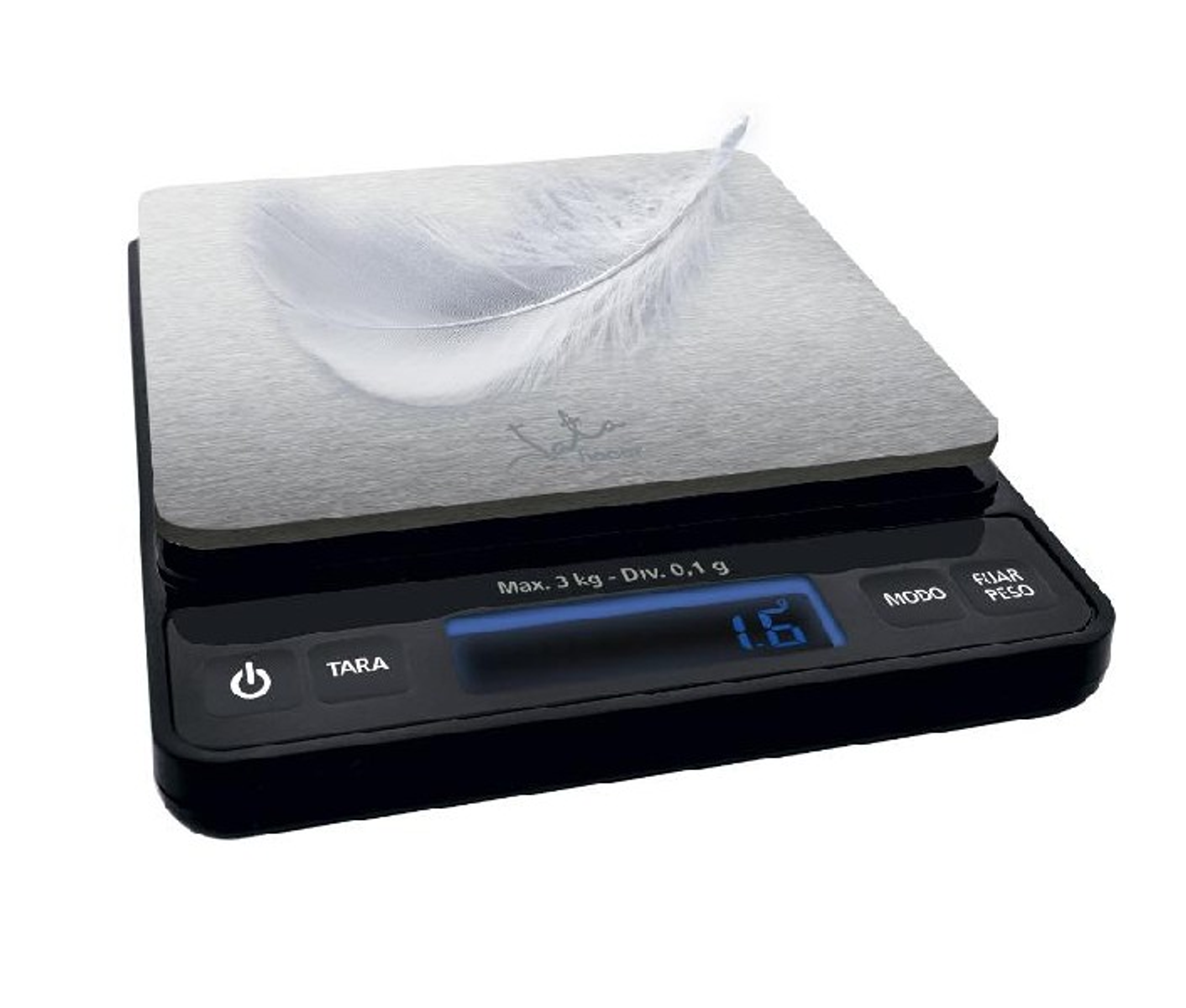 Waga cyfrowa z piórem, wyświetlająca wagę 1.6. Czarna podstawa, srebrny wierzch.