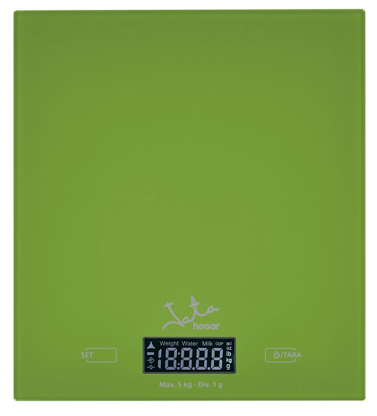 Báscula de cocina digital verde con pantalla que muestra 1888.8, con botones de ajuste y tara.