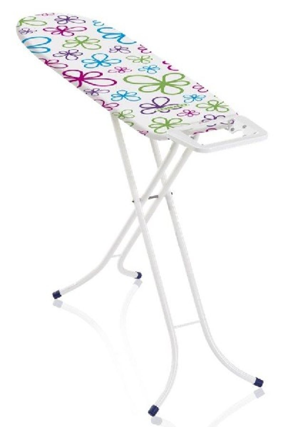 Biała deska do prasowania z kolorowym kwiatowym wzorem. Nogi są białe z niebieskimi końcówkami.