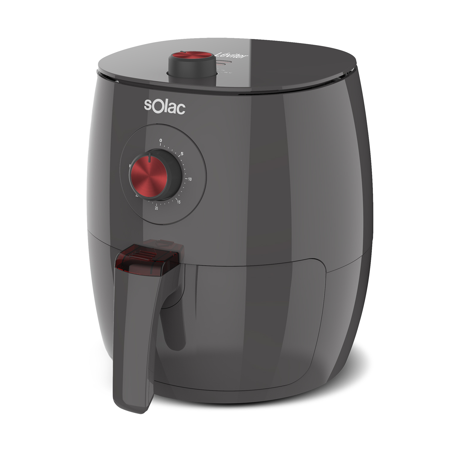 Una freidora de aire gris oscuro con un asa y un dial rojo. Tiene un asa negra.