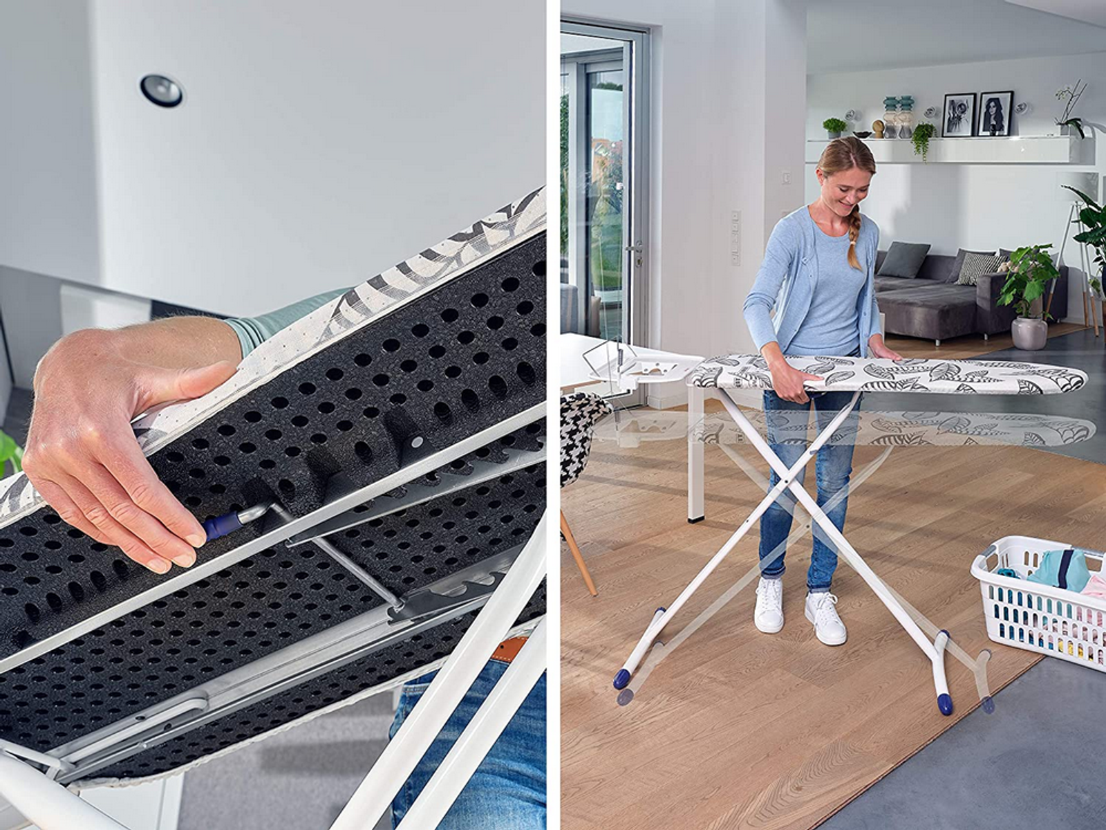 Dwa zdjęcia deski do prasowania. Jedno pokazuje spód. Drugie przedstawia kobietę prasującą.