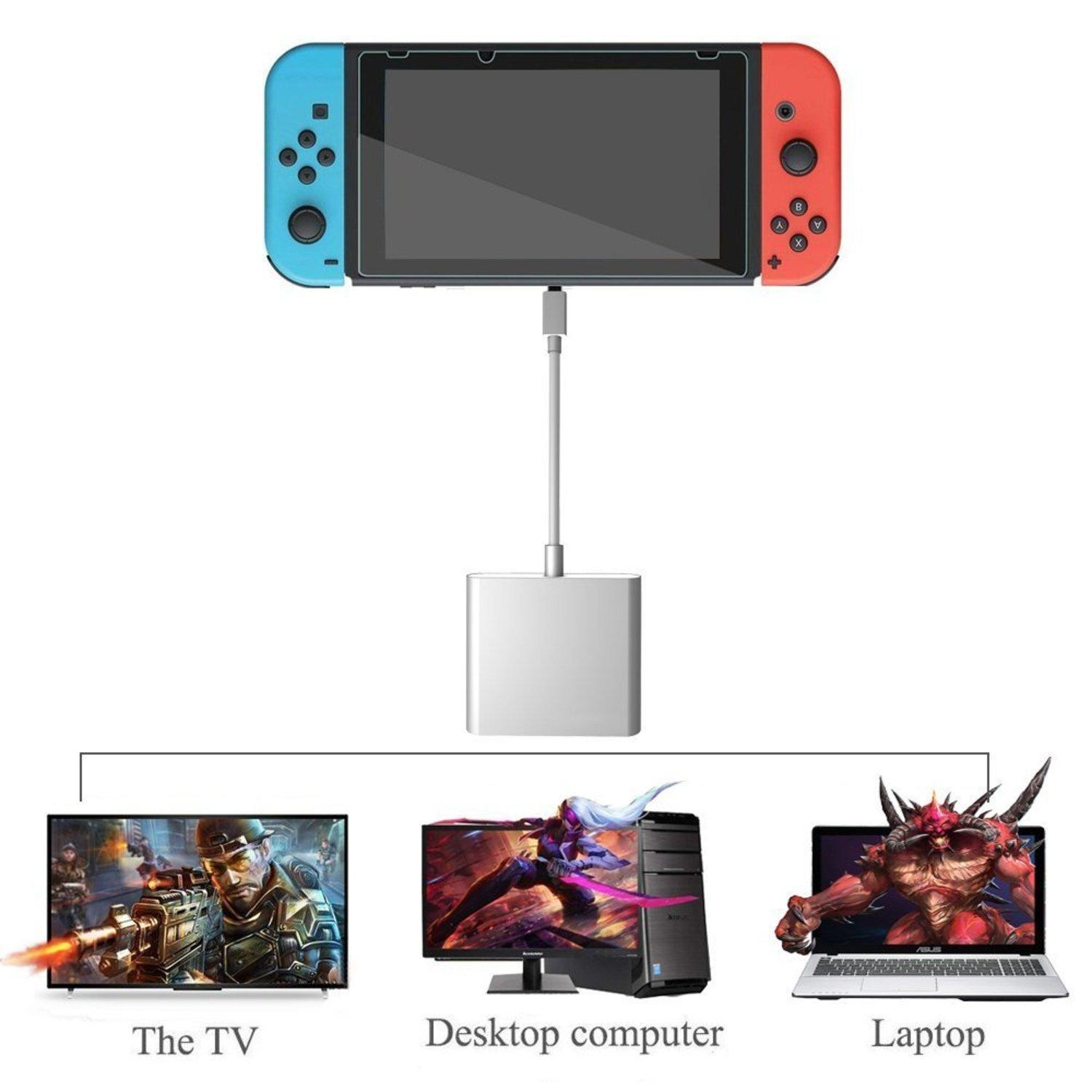 Nintendo Switch podłączony do telewizora, komputera i laptopa, pokazujący gry.