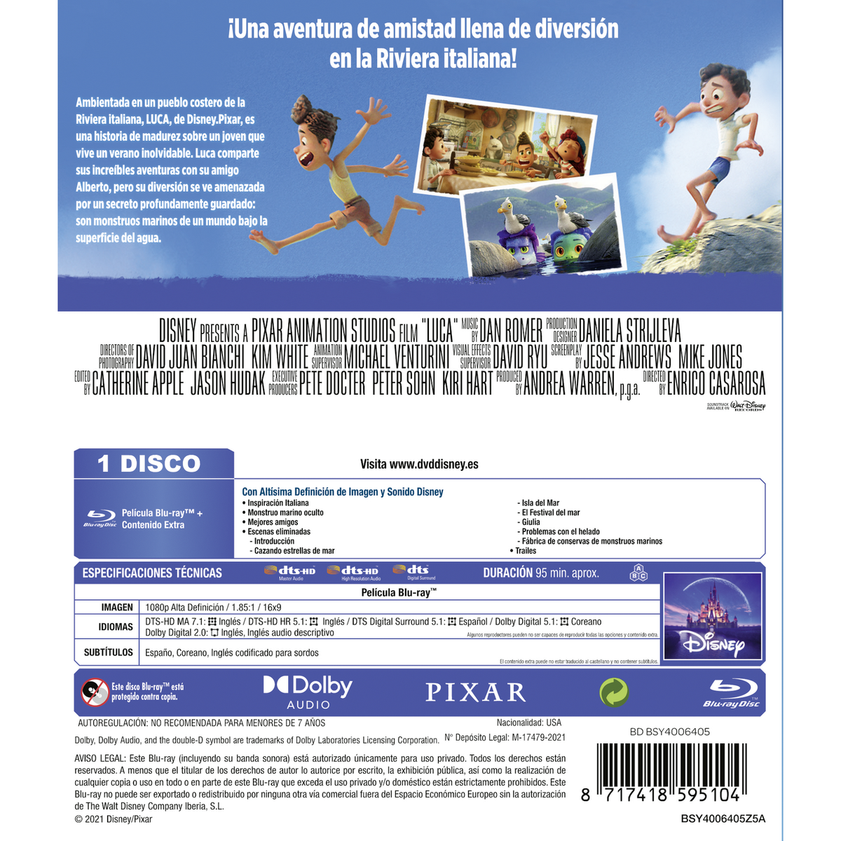 Portada de disco Blu-ray de la película 'Luca'. La portada tiene personajes y un resumen.